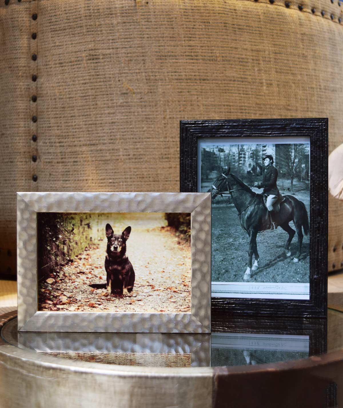 Various frames of different sizes and colors including Oaxaca Silver Dimple Textured Frame, inside a beautiful home space, with framed dogs and horses