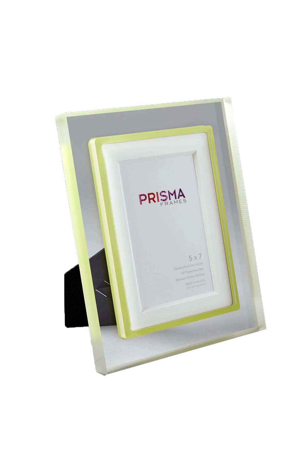 Clear Circa Prisma 5x7 frame with Celery accent, side view