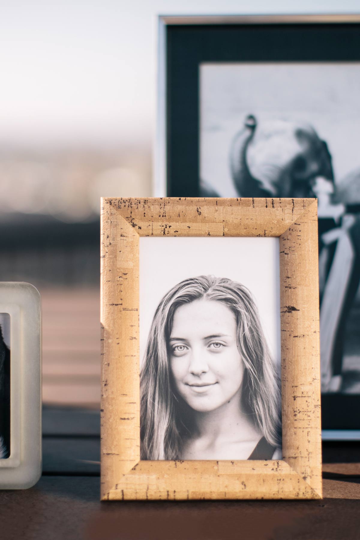 Tappo Natural Cork Frame, on a countertop with other frames