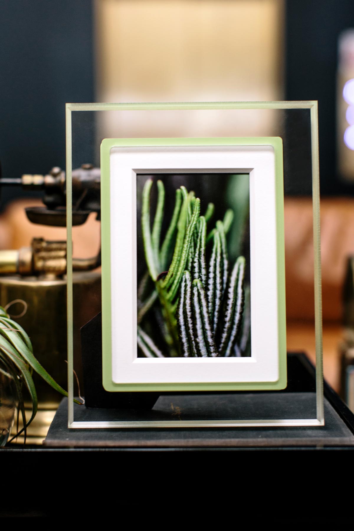 Clear Circa Prisma 5x7 frame with Celery accent, styled with a cacti photo and beautiful accessories on a desktop