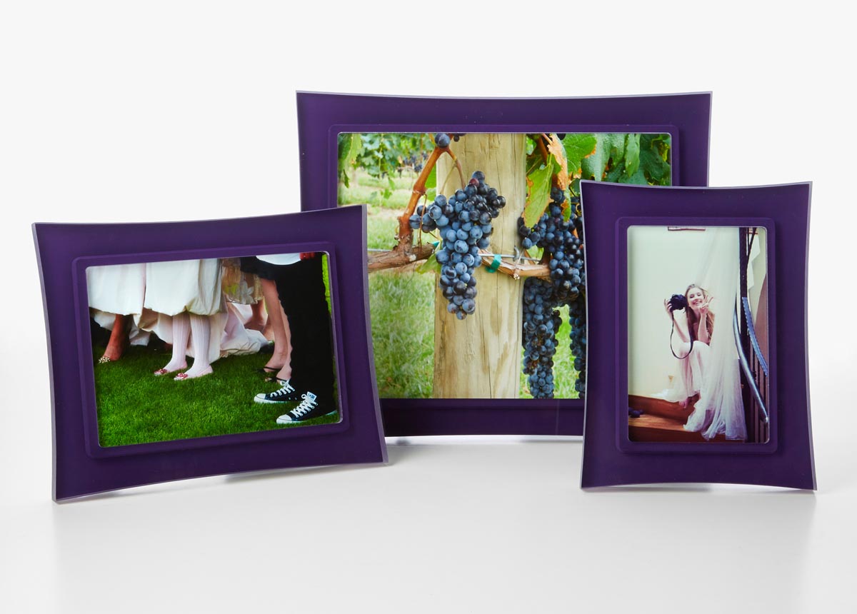 Risa Eggplant Purple frames with flared edges, grouping of many sizes and shapes